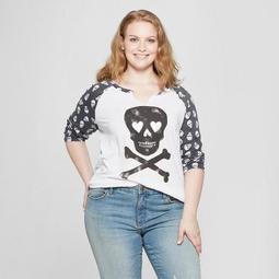 Women's Plus Size 3/4 Sleeve Skull Raglan Graphic T-Shirt - Grayson Threads (Juniors') White