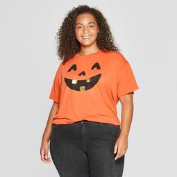 Women's Plus Size Short Sleeve Jack O'Lantern Graphic T-Shirt - Modern Lux (Juniors') Orange