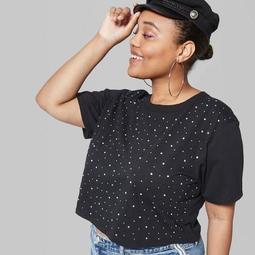 Women's Plus Size Cropped Short Sleeve with Diamante - Wild Fable™ Black