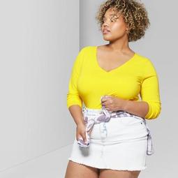 Women's Plus Size Long Sleeve V-Neck Line Collar T-Shirt - Wild Fable™ Vibrant Yellow