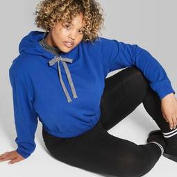 Women's Plus Size Cropped Hoodie with Contrast Ties - Wild Fable™ Sapphire/Black/White