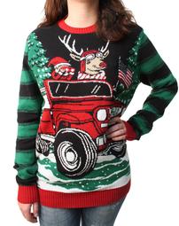 Ugly Christmas Sweater Plus Size Women's How We Roll Reindeer in Jeep LED Light Up Pullover Sweatshirt