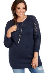 Plus Size Open Stitch Sequin Tunic Sweater