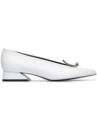 white 30 buckle leather pumps