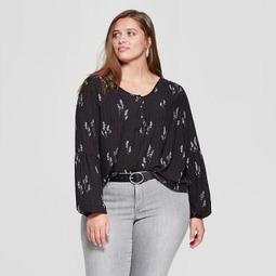 Women's Plus Size Floral Print Long Sleeve Henley Blouse - Universal Thread™ Black