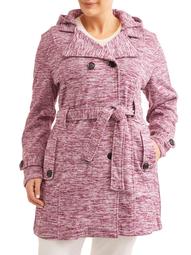 Yoki Women's Plus Size Double Breast Belted Fleece Jacket With Removeable Hood