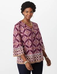 Plus Size Printed Zip Front Bell Sleeve Top