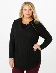 Plus Size Zip Cowl Neck Cable Knit Tunic Sweater