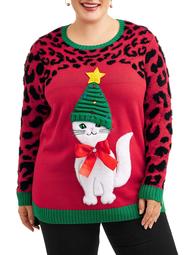 Holiday Time Women's Plus Slouchy Hat Kitty Christmas Sweater