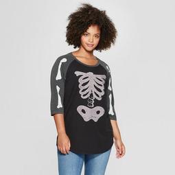 Women's 3/4 Sleeve Plus Size Skeleton Raglan Graphic T-Shirt - Zoe+Liv (Juniors') Charcoal