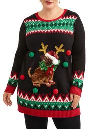 Holiday Time Women's Plus Slouchy Hat Puppy Christmas Tunic Sweater