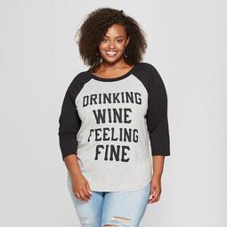 Women's Plus Size 3/4 Sleeve Drinking Wine Feeling Fine Raglan Graphic T-Shirt - Freeze Gray/Black