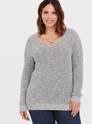 Grey Marled Strappy Pullover Sweater