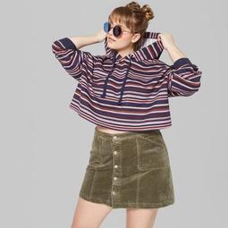 Women's Plus Size Striped Cropped Boxy Hoodie - Wild Fable™ Navy