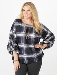 Plus Size Rouched Sleeve Plaid Blouse