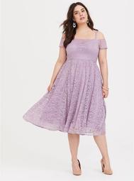 Special Occasion Purple Cold Shoulder Lace Midi Dress