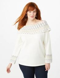Plus Size Cowl-Neck Fair Isle Trim Sweater