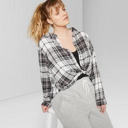 Women's Plus Size Long Sleeve Button Front Cropped Plaid Top - Wild Fable™