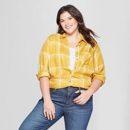 Women's Plus Size Long Sleeve Plaid No Gap Button-Down Shirt - Ava & Viv™ Yellow