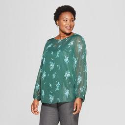 Women's Plus Size Floral Print Long Sleeve Chiffon Blouse with Cami - Ava & Viv™ Dark Green