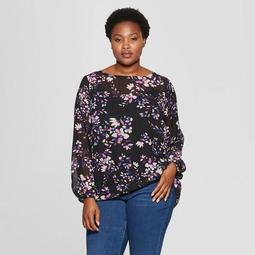 Women's Plus Size Floral Print Long Sleeve Chiffon Blouse with Cami - Ava & Viv™ Black