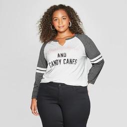 Women's Plus Size 3/4 Sleeve Champagne and Candy Canes Raglan Graphic T-Shirt - Grayson Threads White
