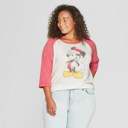 Women's Mickey Mouse Plus Size 3/4 Sleeve Raglan Graphic T-Shirt (Juniors') White