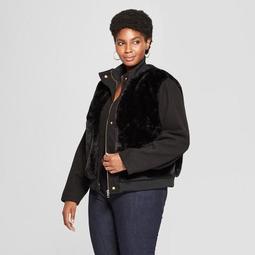 Women's Plus Size Faux Fur Wool Bomber Jacket - Ava & Viv™ Black
