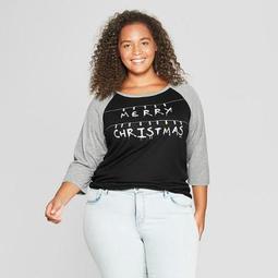 Women's Stranger Things Plus Size 3/4 Sleeve Merry Christmas Raglan Graphic T-Shirt - (Juniors') Black