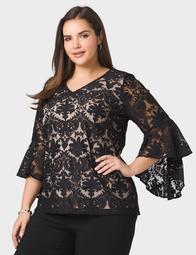 Plus Size Lace Bell Sleeve Blouse