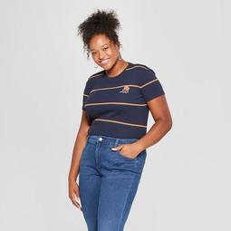 Women's Plus Size Short Sleeve Rose Striped Graphic T-Shirt - Mighty Fine (Juniors') Navy