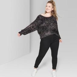 Women's Plus Size Striped Long Sleeve Fuzzy Tinsel Sweater - Wild Fable™ Black