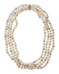 14k Multicolor Akoya Pearl Multi-Strand Necklace, 6.5mm