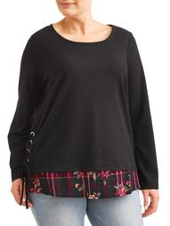Women's Plus Size Long Sleeve Flared Top with Woven Insets
