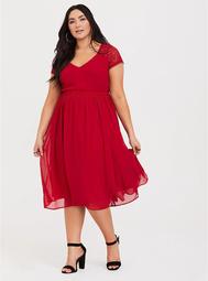 Red Lace Chiffon Midi Dress
