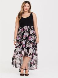 Black Floral Knit to Woven Hi-Lo Dress