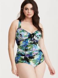 Tropical Print Tie Front One Piece Swimsuit