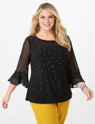 Plus Size Embellished Chiffon Bell Sleeve Top
