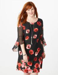 Plus Size Floral Chiffon-Sleeve Knit Dress