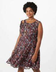 Plus Size Cutout-Shoulder Printed-Lace Dress 