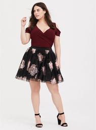 Black Floral Tulle Challis Mini Skirt