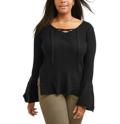 Plus Size Lace-Up Ribbed Bell Sleeve Sweater