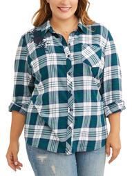 Women's Plus Button Up Embroidered Plaid Shirt