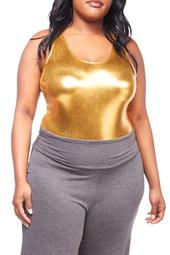 Womens Plus Size Sexy Solid Sleeveless Bling Tank Back Open Bodysuit 1762-XL-Gold