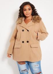 Double Breasted Faux Fur Collar Coat