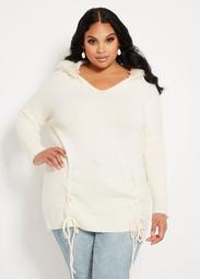 Hooded Faux Fur V Neck Sweater