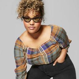 Women's Plus Size Plaid Puff Long Sleeve Ruched Front - Wild Fable™ Green