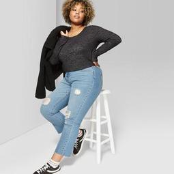 Women's Plus Size Long Sleeve Boxy Hacci Scoop Neck T-Shirt - Wild Fable™ Charcoal Gray