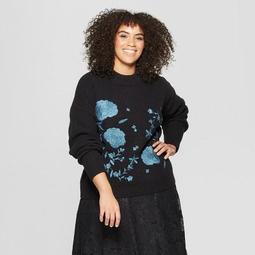 Women's Plus Size Long Sleeve Crew Neck Embroidered Sweater - Who What Wear™ Black