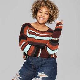 Women's Plus Size Long Sleeve Vintage Crew Striped Sweaters - Wild Fable™ Red